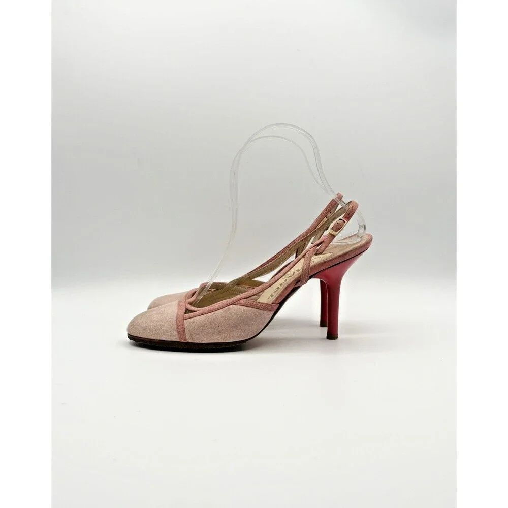 Chanel Pink Suede Slingback Heels Vintage Cap Toe Y2K Size EU 37.5